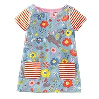 BEILEI CREATIONS Little Girls Cartoon Print Cotton Summer Tunic Short Sleeve Dress With Striped Pocket (5T, C-Flower)