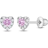 In Season Jewelry CZ Diva Heart-Shaped Kids Earrings - 925 Sterling Silver Hypoallergenic Earrings for Girls with Secure Screw Backs - Safe & Comfortable for Toddlers, Kids & Little Girls