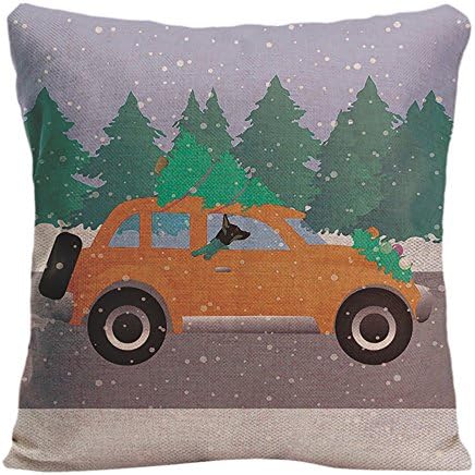 KafePross Rat Terrier Driving A Christmas Car with A Tree Home Decorative Cotton Linen Pillow Covers 18X18 Inch