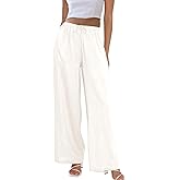 Duyang Womens Cotton Linen Palazzo Pants Drawstring Elastic Waist Casual Wide Leg Trousers with Pockets