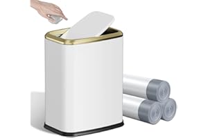 KHMMGK 8L/2.1 Gallon Small Bathroom Trash Can with Lid, Swing-Top Rectangular Waste Bin, Stainless Steel Garbage Can for Home, Office, Toilet, Bedroom, Living-Room (White)