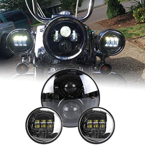 HOZAN Black 7" LED Headlamp with 4-1/2" 30W Fog Passing Lamp for Harley Motorcycle Road King Street Glide