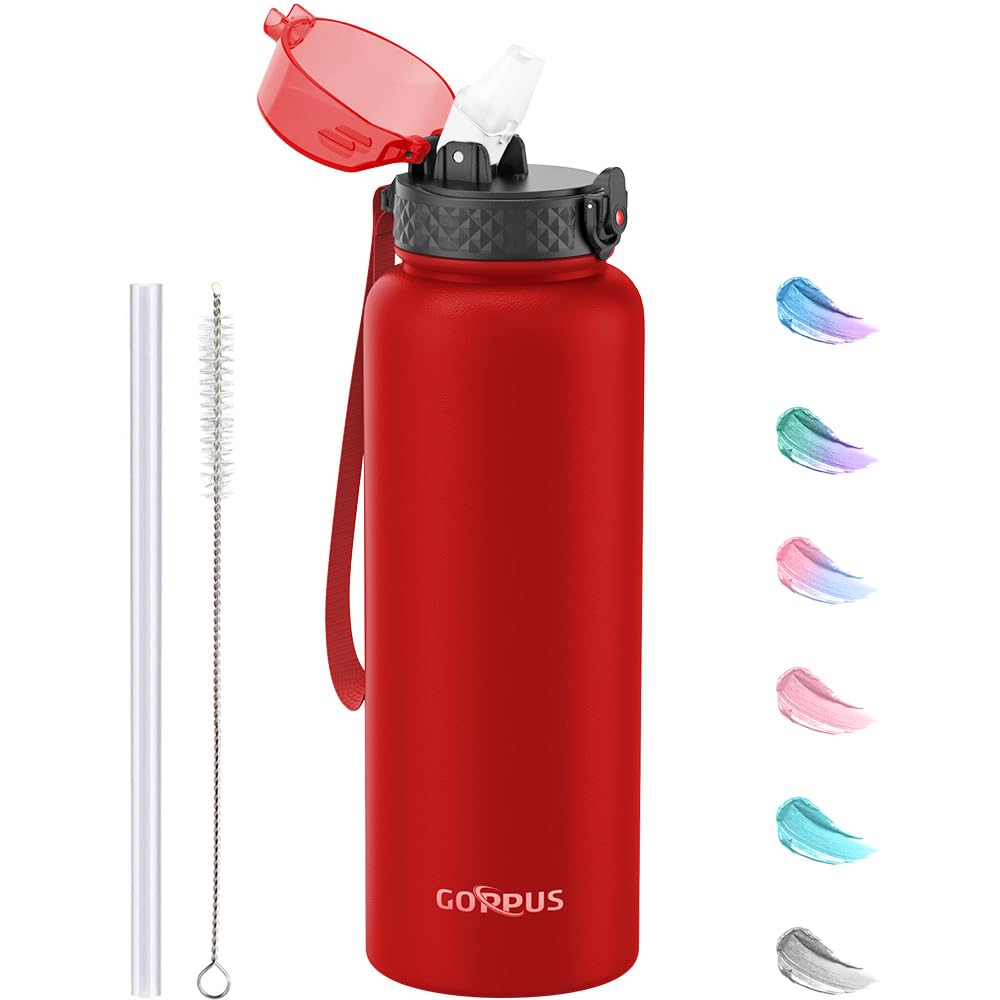 GOPPUS 1.2L/40oz Stainless Water Bottle with Straw Double Wall Insulated Bottles with Strap Large Vacuum Thermal Flask Leakproof Keep Cold Drinks Bottles with Flip Top Lid for Men Women BPA Free — image 1