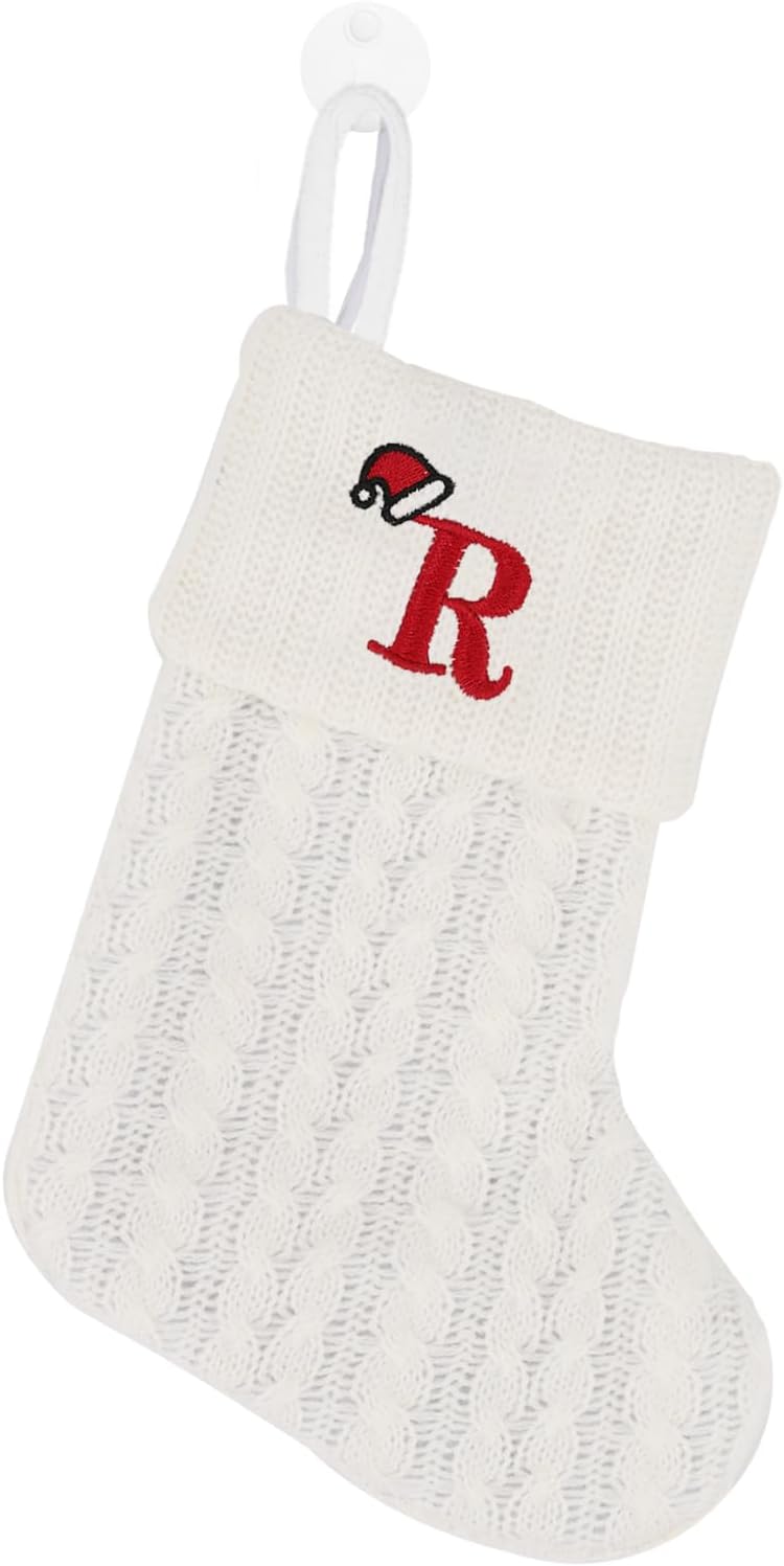Stockings & Holders - OJCHRLKF 7 Inches Mini Cute Initial Monogram Embroidered Christmas Stocking Knitted Christmas Decorations Stocking Red,White,Green Knit Mini Stocking Christmas Decorations-58-R-White
