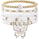 Fuqimanman2020 Boho Multilayer Clay Bead Stackable Bracelets Set Heart Butterfly Gold Beaded Heishi Clay Stretch Bracelets Bohemia Summer Surfer Beach Jewelry Gifts(White)