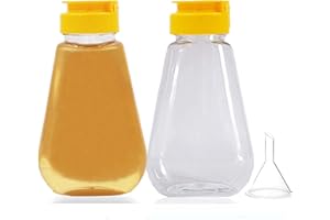 THYULIFE 2 Pack Empty Plastic Honey Bottles with Funnel, 200ml Squeeze Honey Jars Leakproof Honey Dispenser Flip Top Condiment Container for Ketchup Mustard Salad Dressing Sauce Syrup Oil Epoxy, BPA Free