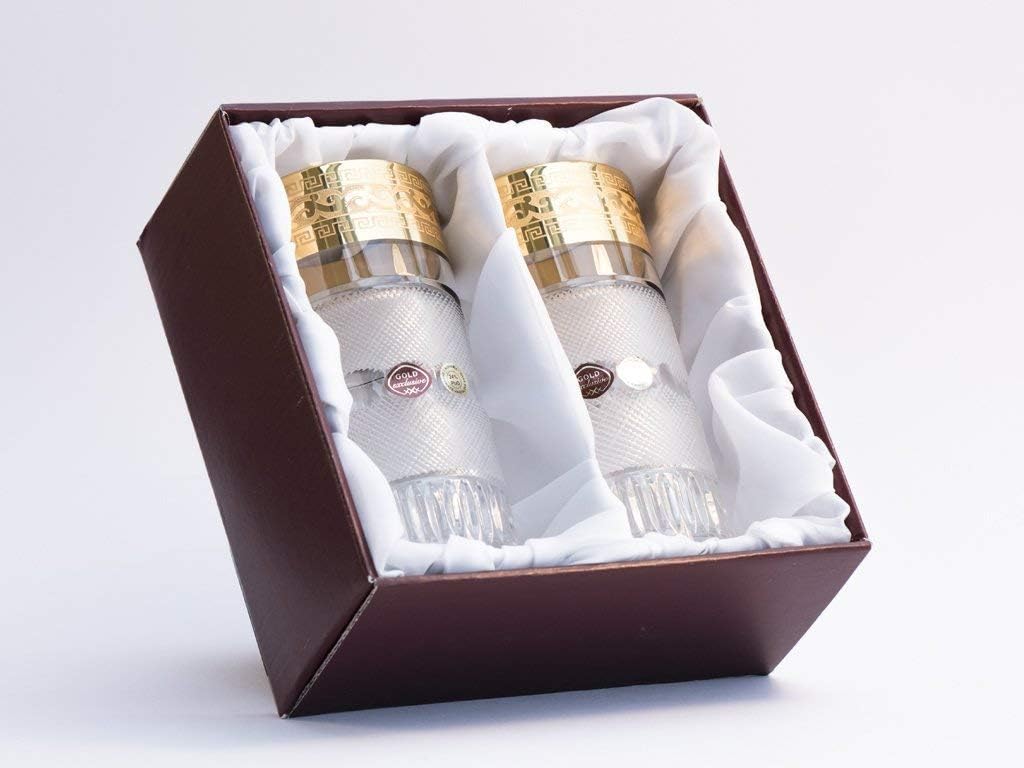 Decorated Old Fashioned Whiskey Glass Set of 6 Panto Gold Rim Decor / Hand Carved, Double, Scotch, Whiskey Rocks Glasses / Premium Bohemian Glass / 11.4 Ounces / 340 Milliliters