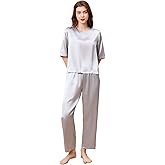 THXSILK Silk Women's Pajama Set, 6A Pure Mulberry Silk Round Neck Short Sleeve Nightwear with Long Pants