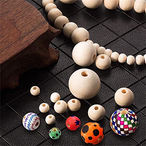 Wood Beads for Crafts, Wooden Beads Natural Beads, 8 Sizes of Unfinished Wooden Beads, DIY Handmade Decoration, Jewelry Crafts (6, 8, 10, 12,14,16,18, 20mm)，with 8Pcs Cotton Thread (490) (WHJFZN001)