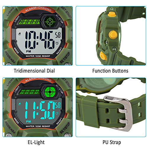 Venhoo Kids Digital Watches Outdoor Sport Waterproof Electronic LED Alarm Stopwatch Wrist Watch for Kids Boys Girls-Army Green - Thumbnail 4
