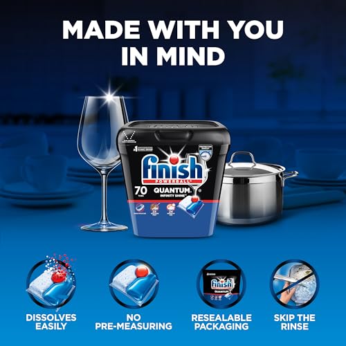 Finish® Quantum® Infinity Shine® Dishwasher Detergent Pods, 3 Chamber Formula with PowerBall, 2X Grease Fighting*, 24H Dried-On Stains, Shine Protection, No Pre-Rinse, 70 Tabs