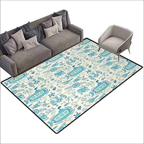 Aqua Indoor Floor mat Ornate Sea Adventure Pattern with Underwater
Fauna Submarine and Coral 70"x94",Can be Used for Floor Decoration