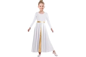 ZYACTU Girls Long Sleeve Praise Dance Dress Metallic Gold Liturgical Worship Costume Lyrical Costumes Church Robe