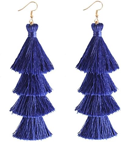 HSWE Tassel Earrings Hula Skirt Thread Tassel Eardrop Tiered Dangle Earrings Blue