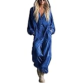 Wuitrie Denim Jumpsuit for Women Loose Long Sleeve Button Down Hooded Jumpsuits with Pockets