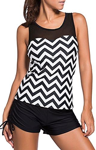 LAVENCHY Women Plus Size Black White Zigzag Print Mesh Splice Padded Top With Shorts Two Piece Swimsuits Bathing Suits Tankini Set For Girls Black,Size 2XL=US 16-18