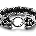 Stainless Steel Mens Skull Curb Chain Bracelet Interwoven with Black Genuine Braided Leather