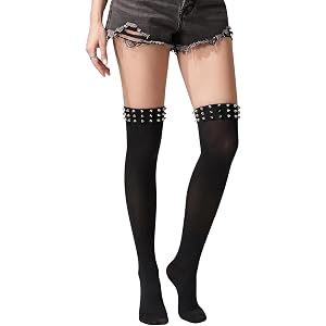 Meihuida Women Thigh High Socks Goth Studded Over The Knee Stockings | Semi-Sheer, Y2k Gothic Punk Emo Alt Socks, Rave Festiv