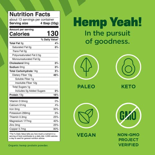 Manitoba Harvest Hemp Yeah! Organic Max Fiber Protein Powder, Unsweetened, 16oz; with 13g of