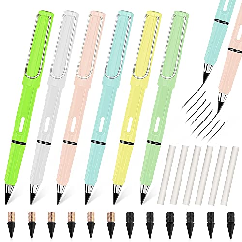 QINERSAW 6 Pezzi Penna Senza Inchiostro Matita Senza Inchiostro con 12 Testina Sostituibile Matita Infinita Set di Eterna Matita per Scrivere Infinita per Casa Office Materiale Scolastico