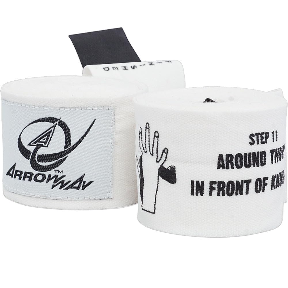 ArrowWay Instructional Hand Wraps w/Printed Directions for Boxing & MMA - 142" Meister Elastic - White