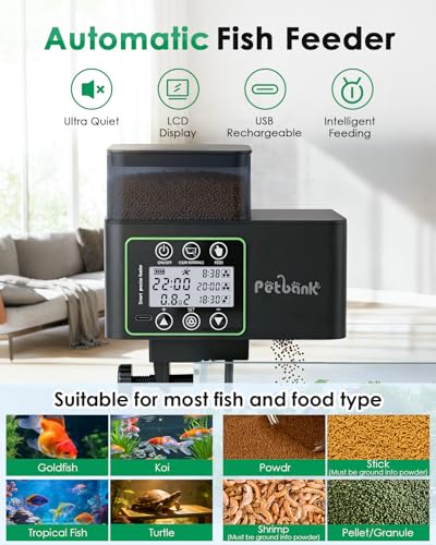 Petbank Automatic Fish Feeder for Aquarium, 230/510ML Adjustable Timer Fish Feeder Dispenser with 0.1-2g Precision Feeding, Feed Cleaning & Shortage Alert,Moisture-Proof, LCD Display,USB Rechargeable