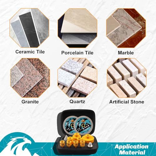 12-Piece Diamond Tile Drill Bit Kit – EXFEIN Hole Saw 6/6/8/25/35/50/68 mm + 10 mm Finger Drill Bits + 50 mm Bevelled Chamfer Bits + Adapter + 2 x 125 mm Diamond Disc for Porcelain Marble Granite