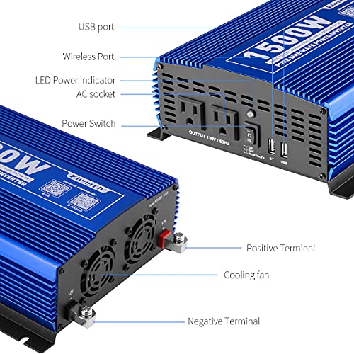 kinverch 1500W Pure Sine Wave Power Inverter 12V DC to 110V AC Car Inverter with APP Remote 2AC
