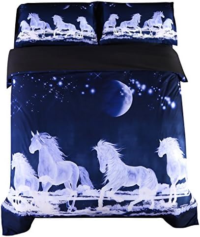 Beddinginn White Horse Bedding 3D Blue Horse Running Duvet Cover Set Moon Print Bed Cover Set No Comforter(Twin)