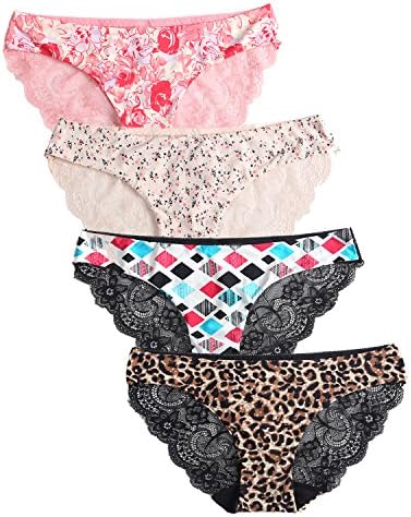 Women's Hipster Panties Cheeky Underwear Briefs Sexy Lace Diamond-shaped Printed Panties 4 Pack Large