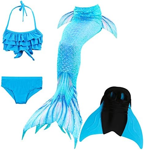 Girls Mermaid Tail Swimsuit with Monofin Girl's Mermaid Tail for Swimming,Colorful Swimmable Costume Cosplay Princess Swimwear Bikini Set Bathing Suit Set with Mono Fin Four Pcs