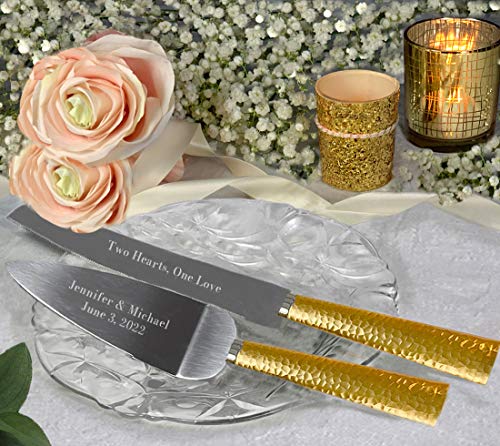 Personalized Engraved Customized Wedding Cake and Knife Server Set, Hammered Metal Cake Cutter with Knife, Gold