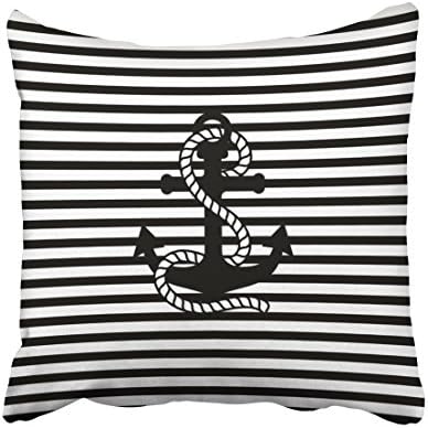 Accrocn Square Throw Pillow Covers Retro Vintage Nautical Black White Stripes And Black Anchor Decorative Pillowcases Polyester 18 X 18 Inch With Hidden Zipper Home Sofa Cushion Decorative Pillowcase