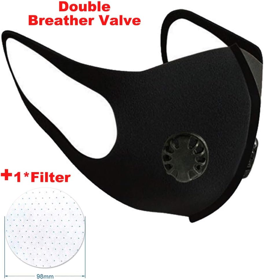 3pcs Washable Cotton Face Respirator with Filters Breather Valve for Adults, Reusable 口罩 Coronávirùs Virüs Flü Germ Protection Máscara for Dustproof Windproof PM2.5 Foggy Haze Pollution (Double valve)