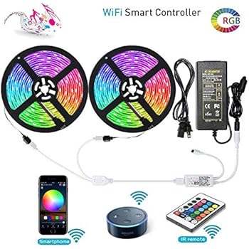 LUNSY RGB LED Light Strips with Remote, Dimmable LED Strip Lights, 300LED 5050, 32.8 ft/10m IP65 Waterproof Wifi Rope Lights Outdoor, 12V , Wireless Smart Phone, Alexa Controlled