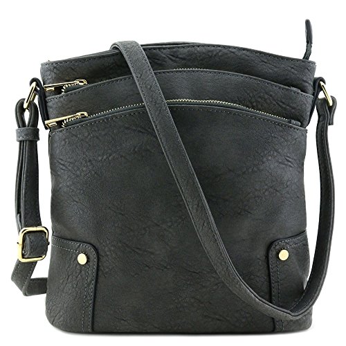 Triple Zip Pocket Large Crossbody Bag Dark Gray
