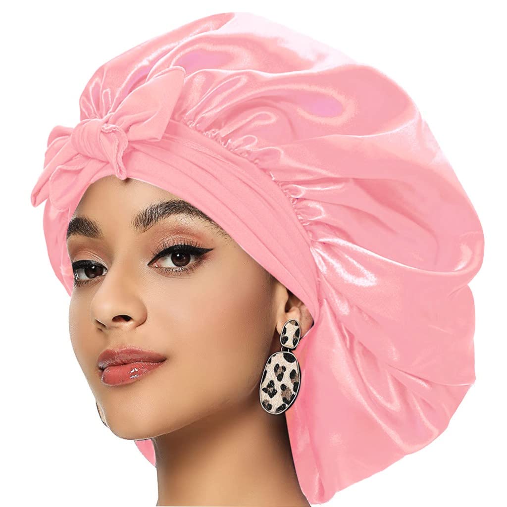Extra Large Satin Bonnet,Silk Night Sleep Cap With Wide Elastic Soft Band,Hair Bonnet for Women Satin Braids,for Woman Girl Natural Hair,Curly Hair（Pink）
