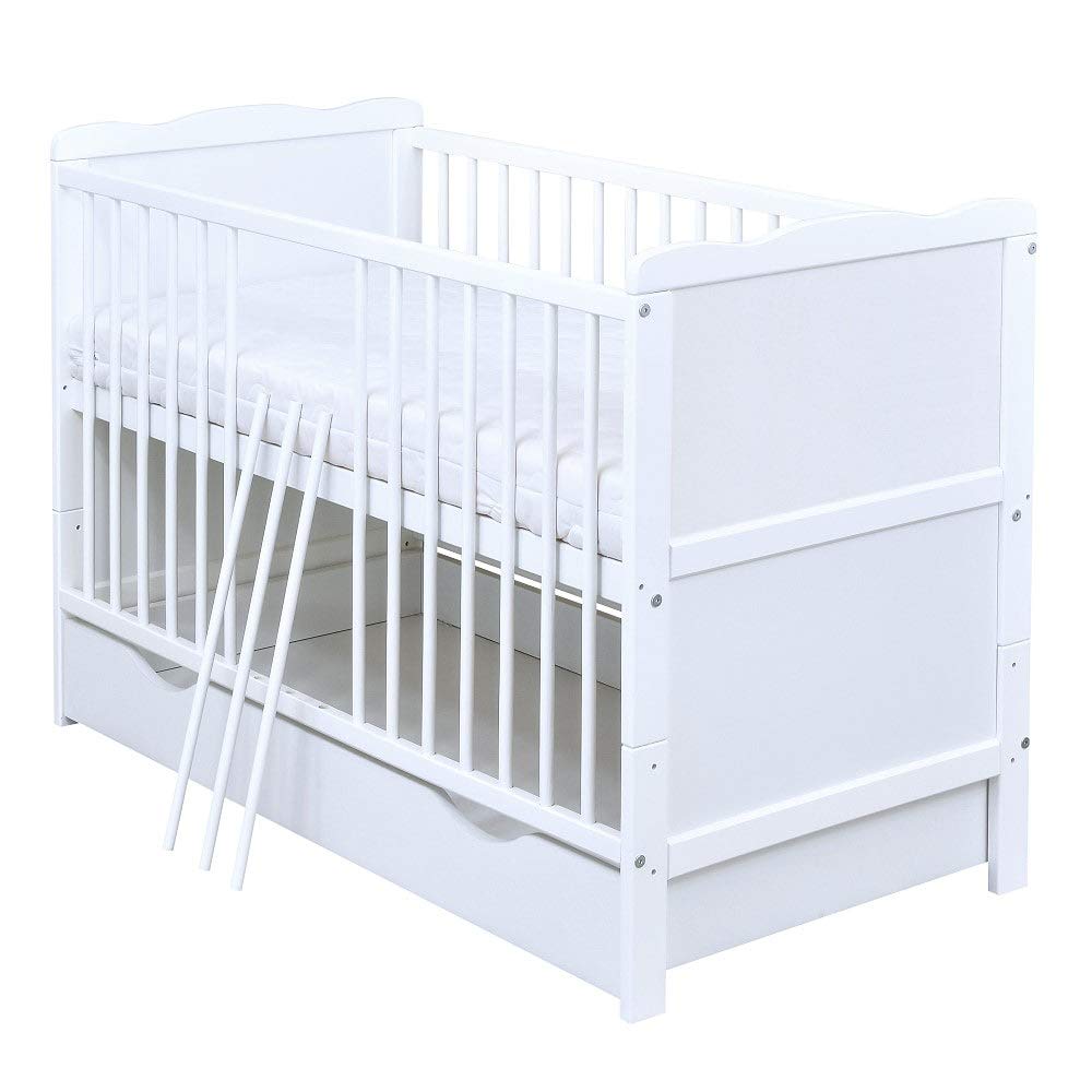 Baby Delux Babybett Kinderbett Juniorbett Jack 140x70 Weiß umbaubar mit Schublade Matratze