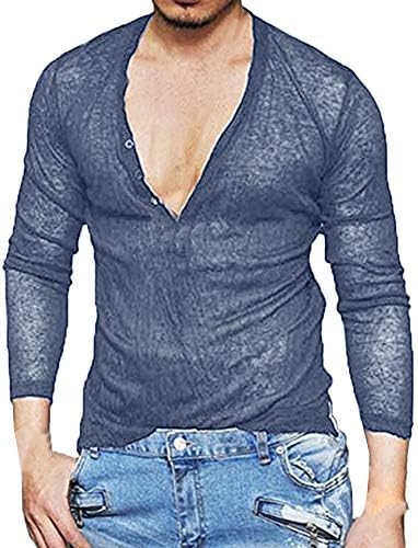 Moserian T Shirt for Men Solid Color Deep V-Neck Long Sleeve Slim Basic Blouse