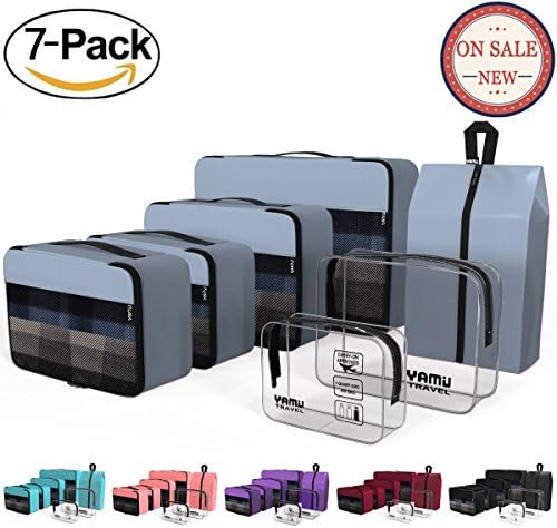 Packing Cubes YAMIU Travel Luggage Organizer Bags Travel Accessories Including 2-pack Waterproof Toiletry Bags and Shoe Bag for Women Men(7-Pcs)