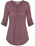 Vivilli Women's Henley V Neck Cuffed Sleeve Soft Shirred Blouse Tops