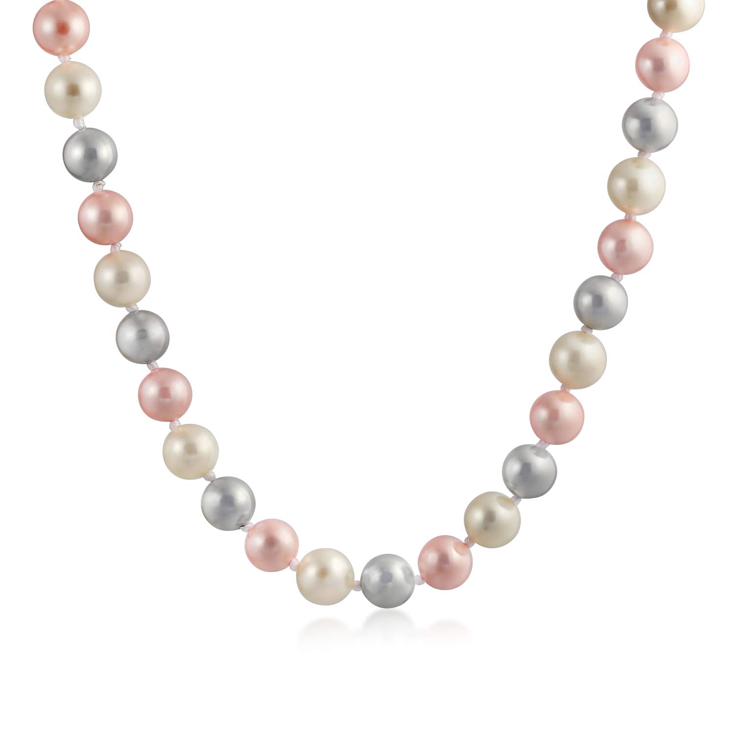 Bling Jewelry Classic Smooth 10MM Pale Pink White Grey Tri Multi Color Hand Knotted Simulated Pearl Strand Necklace For Women 18 Inches