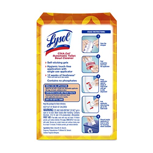 LYSOL CLICK GEL AUTOMATIC TOILET BOWL CLEANER, TOILET GEL STAMP, TOILET FRESHENER, BATHROOM ESSENTIALS, REFRESHING MANGO & HIBISCUS SCENT, 6 COUNT (PACK OF 1)