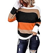 BYSCHAGRL Color Block Sweater Womens Striped Crew Neck Knit Long Sleeve Drawstring Hem Pullover Tops