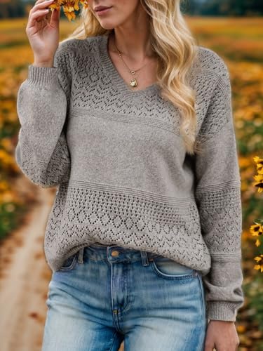 XINWEIZZ SWEATERS FOR WOMEN 2024 CASUAL LONG SLEEVE V NECK SHIRTS LIGHT WEIGHT FALL CROCHET TOPS PULLOVER SWEATERS DARK GREY