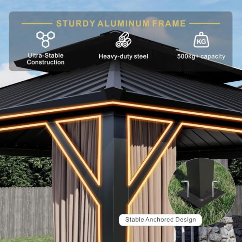10x12 Hardtop Gazebo with Double Roof, Steel Frame, Curtains & LED Lights image 10