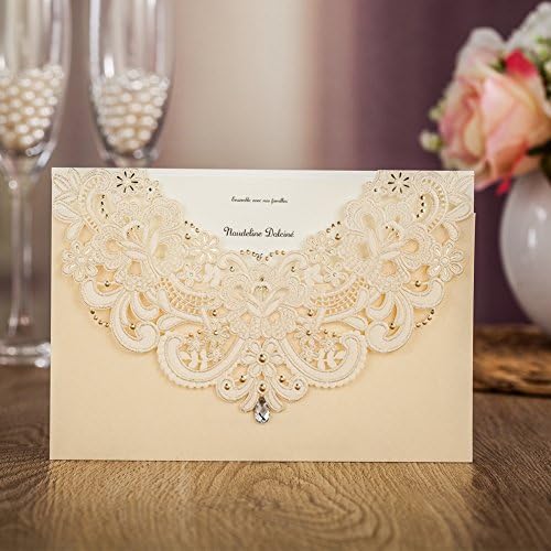 Wishmade 12x Gold Laser Cut Flora &amp; Lace Wedding Invitations Kit With Rhinestone Matched With RSVP &amp; Thank You Card CW6115