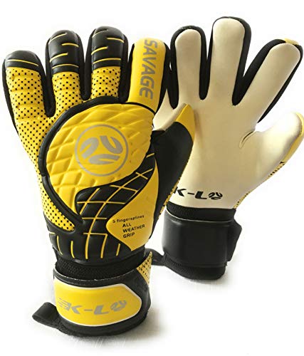 FINGERSAVE Goalkeeper Gloves by K-LO - The Savage Goalie Glove Has Fingersave Protection in All 5-Fingers to Prevent Injury and Improve Shot Blocking. Super Sticky Palms.Youth & Adult Sizes. Yellow.