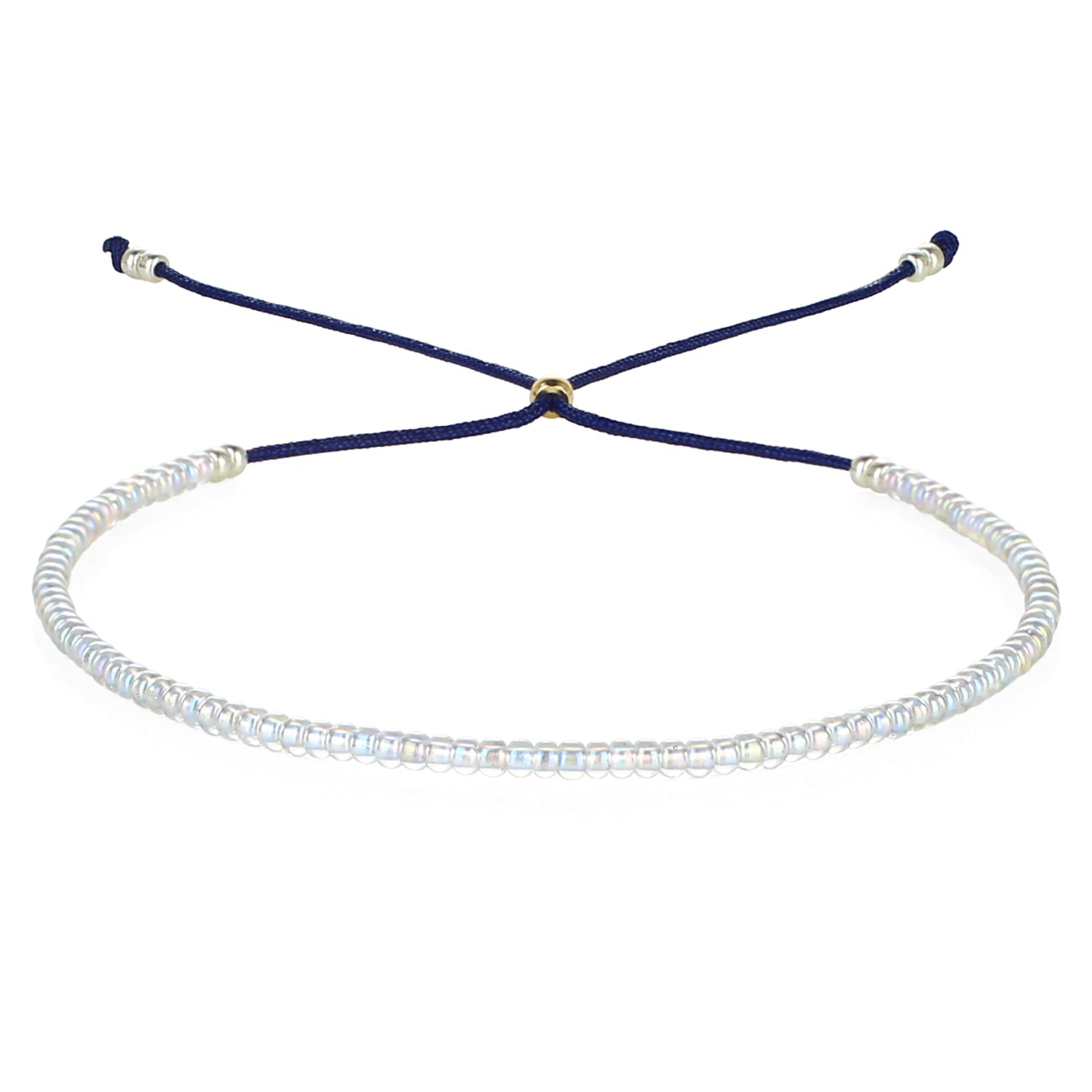 KELITCH Round Beaded Bracelet Handmade Colorful Strand Bracelet Braided Wristband for Women (Clear White L)