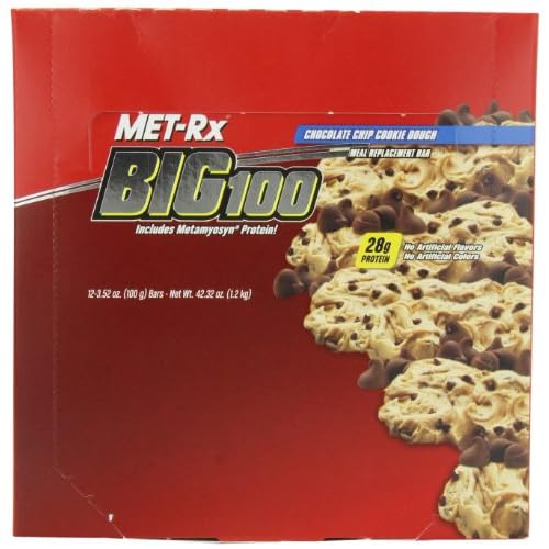 MET-Rx Big 100 Meal Replacement Bar, Chocolate Chip Cookie Dough, 3.52-Ounce Bars (Pack of 12) image